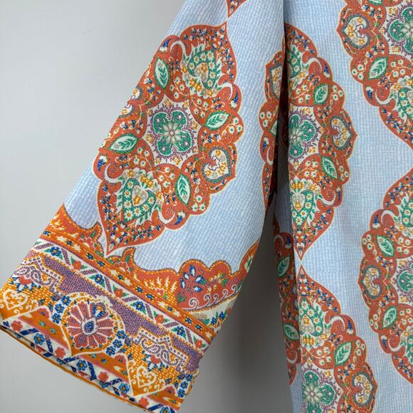 Cynthia Rowley Top Women 1X Blue Orange Medallion Print Split Neck Boho Tunic - Picture 4 of 9